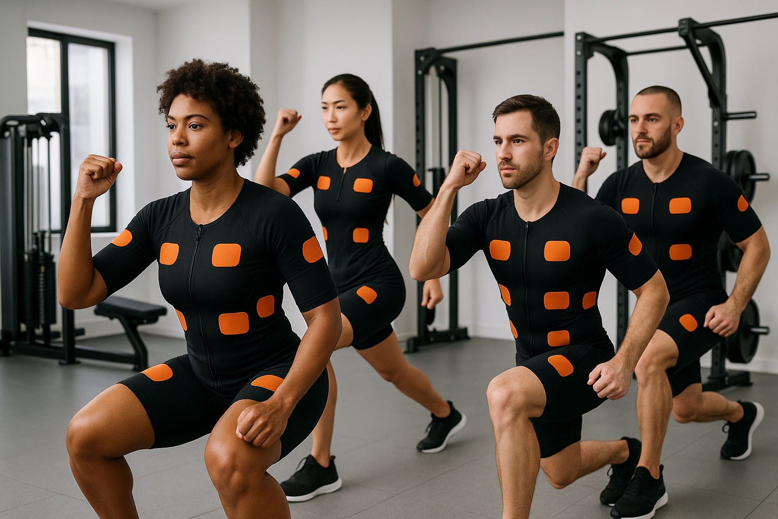 group of people wearing EMS suits and working out, no cords, show the ems pads in orange