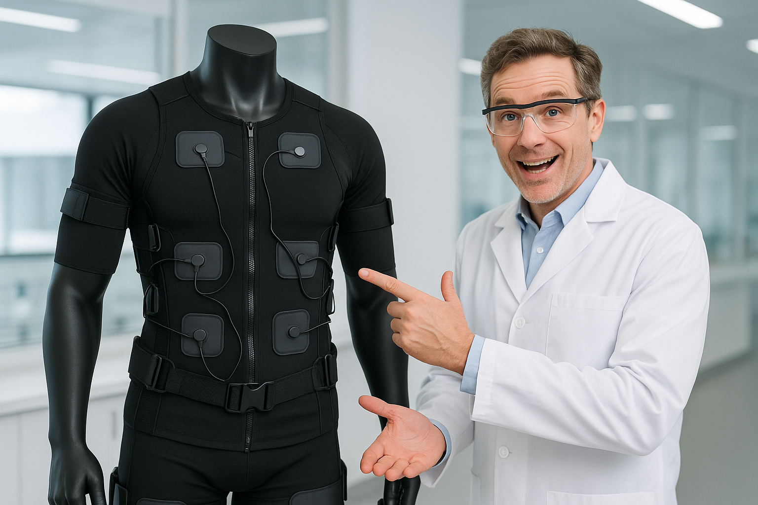 show an ems suit with a person that looks like a scientist pointing at it 